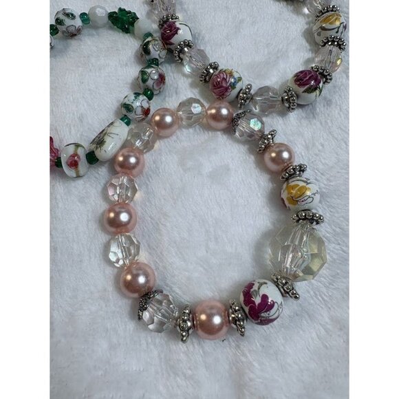 Vintage Painted Ceramic Cloisonne Glass Beaded Stretch Bracelets - Set of 3 - Picture 4 of 8